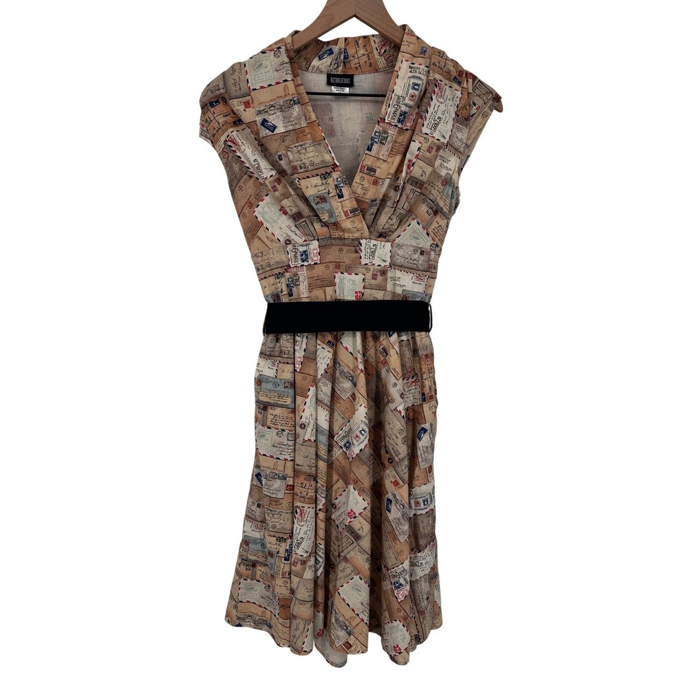 Retrolicious Modcloth Portcard Love Letters Print Dress Womens Small Tan Novelty - Picture 2 of 14